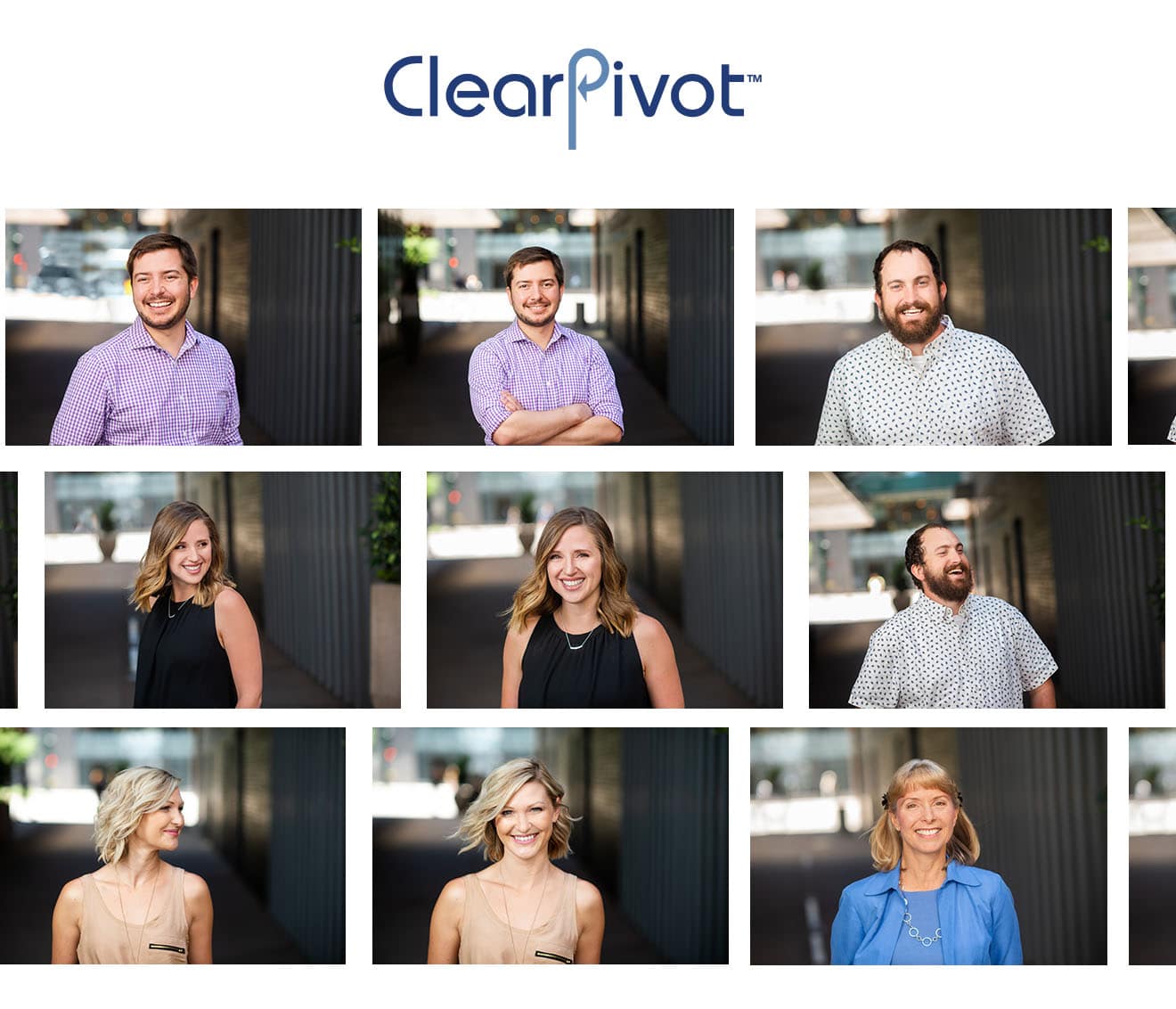 a collage of people standing in front of a sign that says clearpivot.