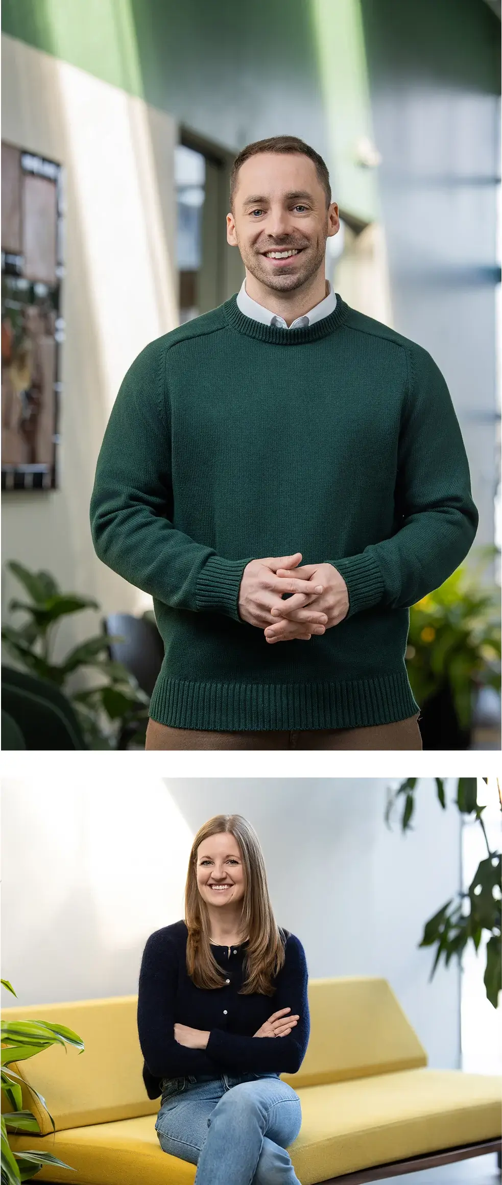 A man in a green sweater stands indoors smiling, and a woman in a black sweater sits on a yellow couch, also smiling. Both are in bright, modern settings with plants visible.