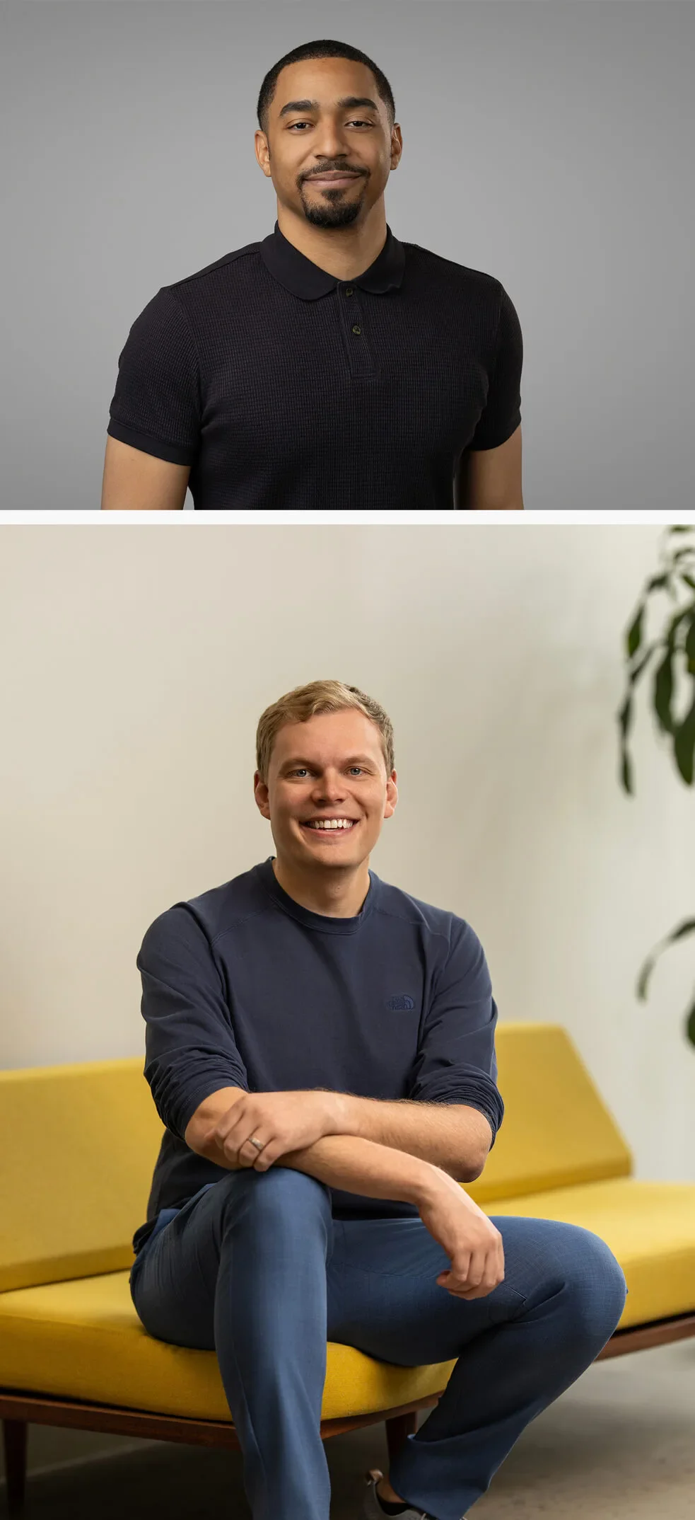 Two men pose separately for portraits; one stands against a plain background, while the other sits on a yellow sofa with a plant in the background.