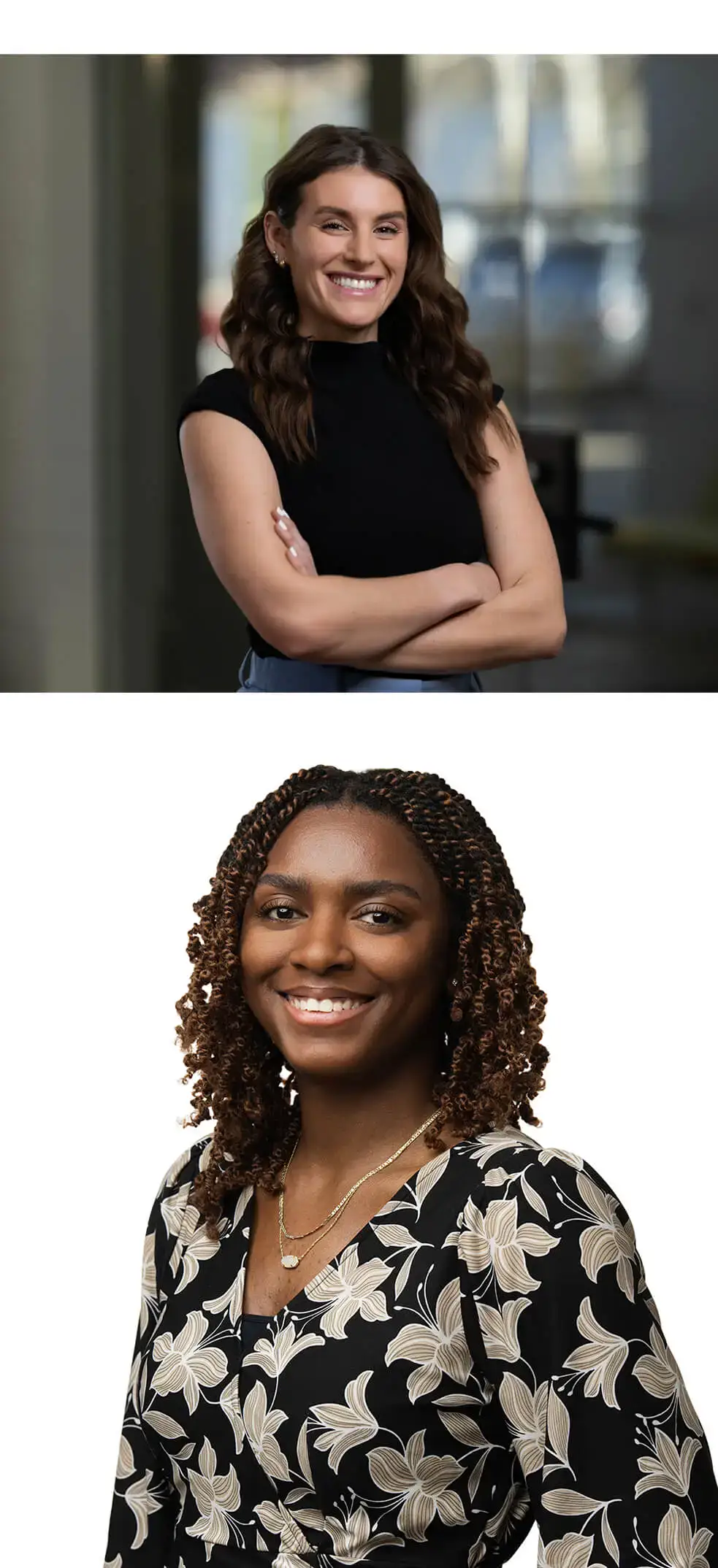 Two women are shown in individual portrait photos. The first stands with arms crossed in a black sleeveless top; the second smiles in a patterned blouse against a white background.
