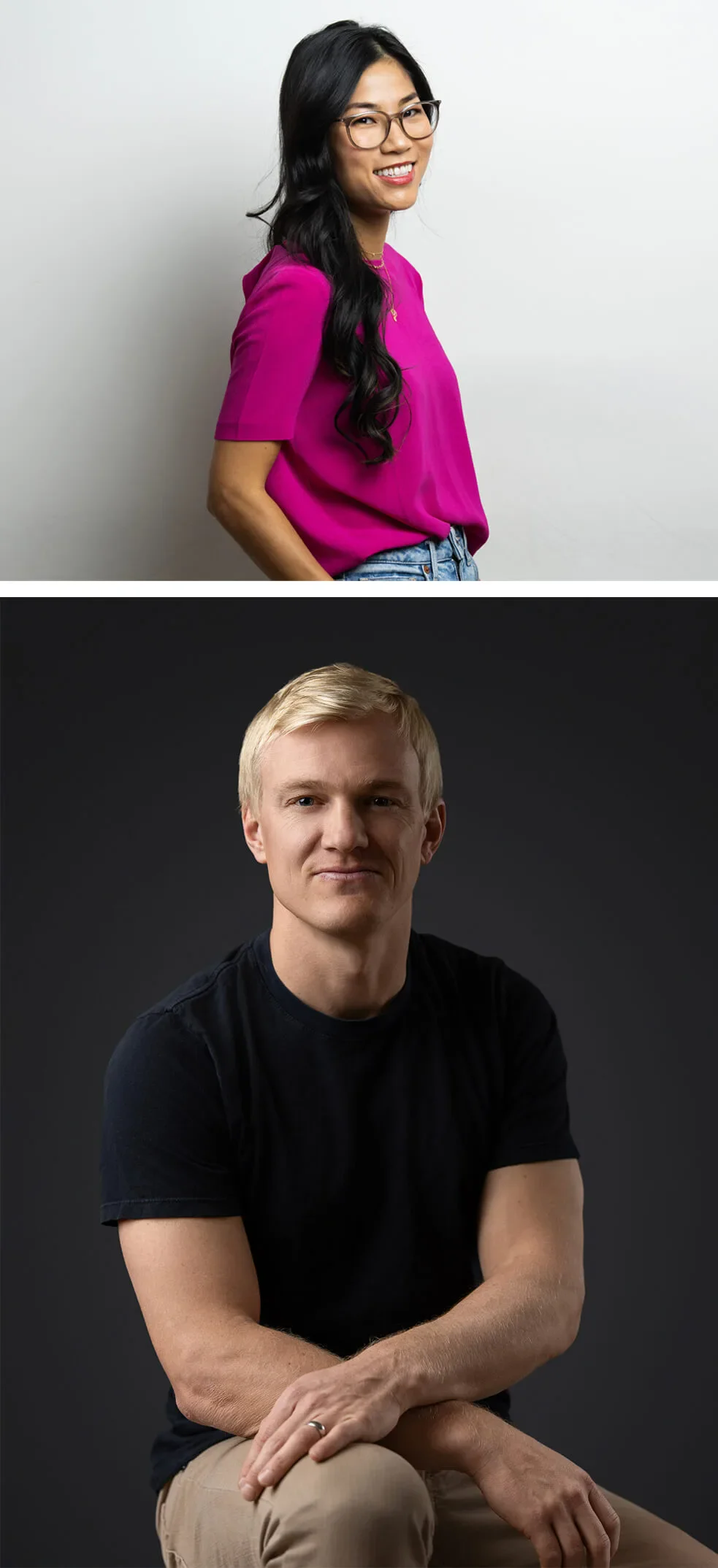 A woman in a bright pink shirt stands against a light background; below, a man in a black shirt sits against a dark background.
