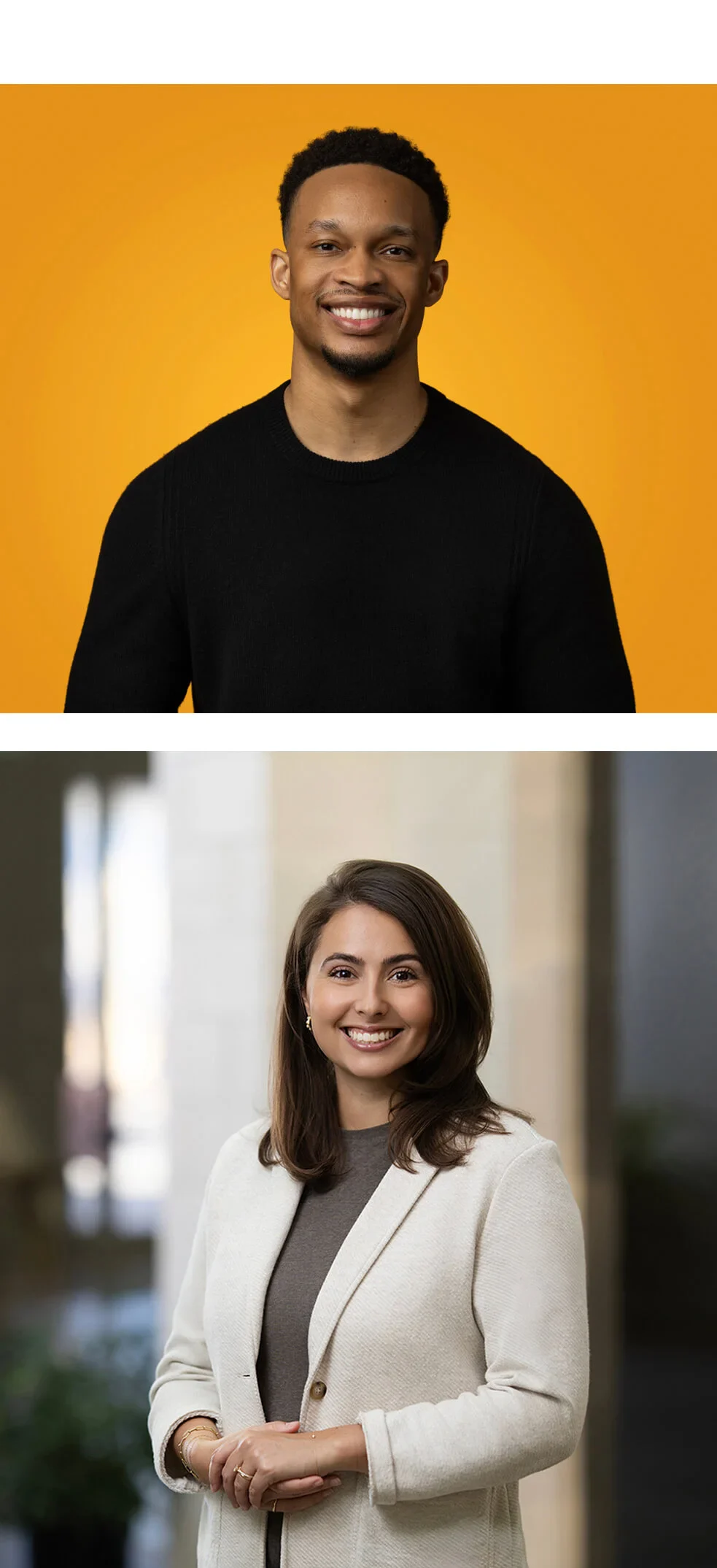 A man in a black sweater stands in front of an orange background; below, a woman in a light blazer stands indoors, smiling at the camera.