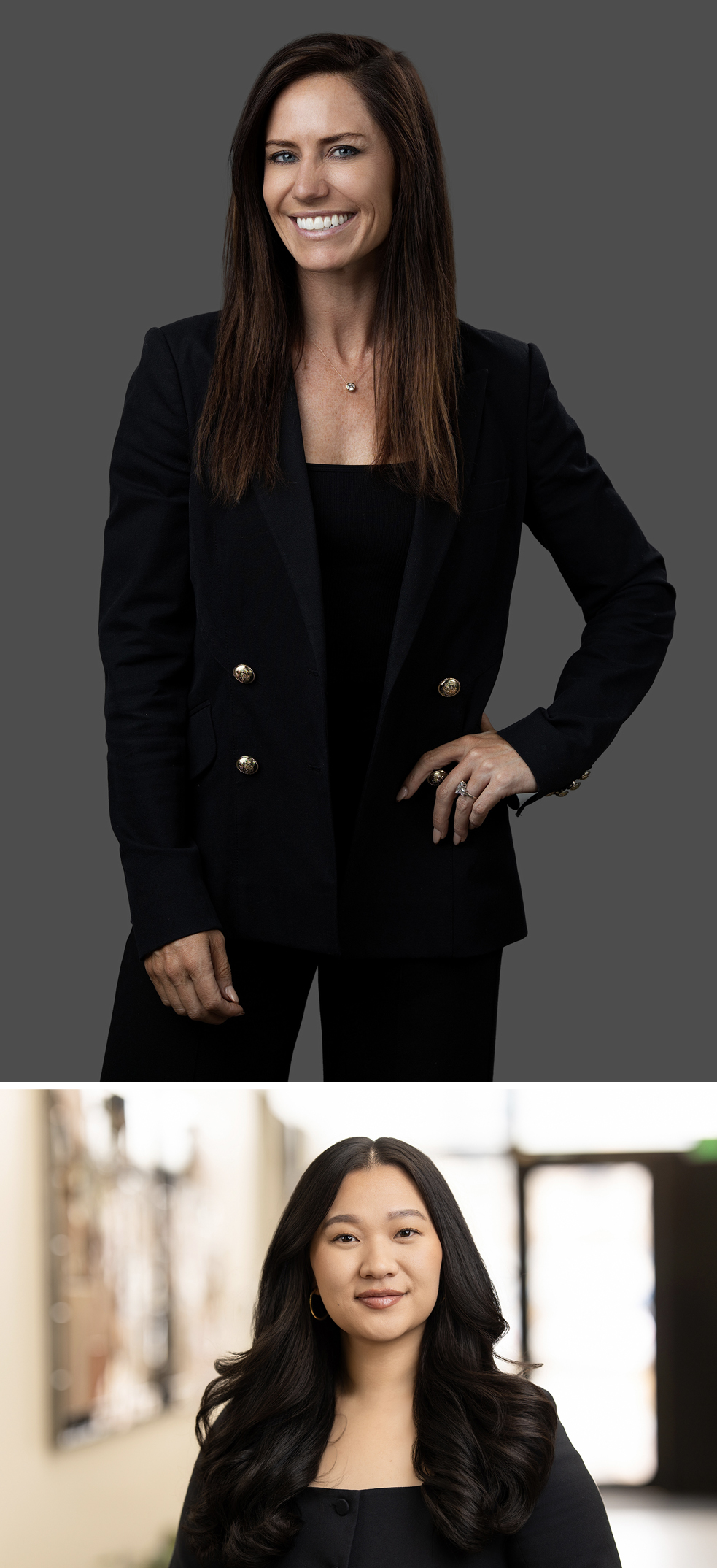 Two women in professional attire: one posing for a headshot against a gray background, the other seated with a blurred indoor background.