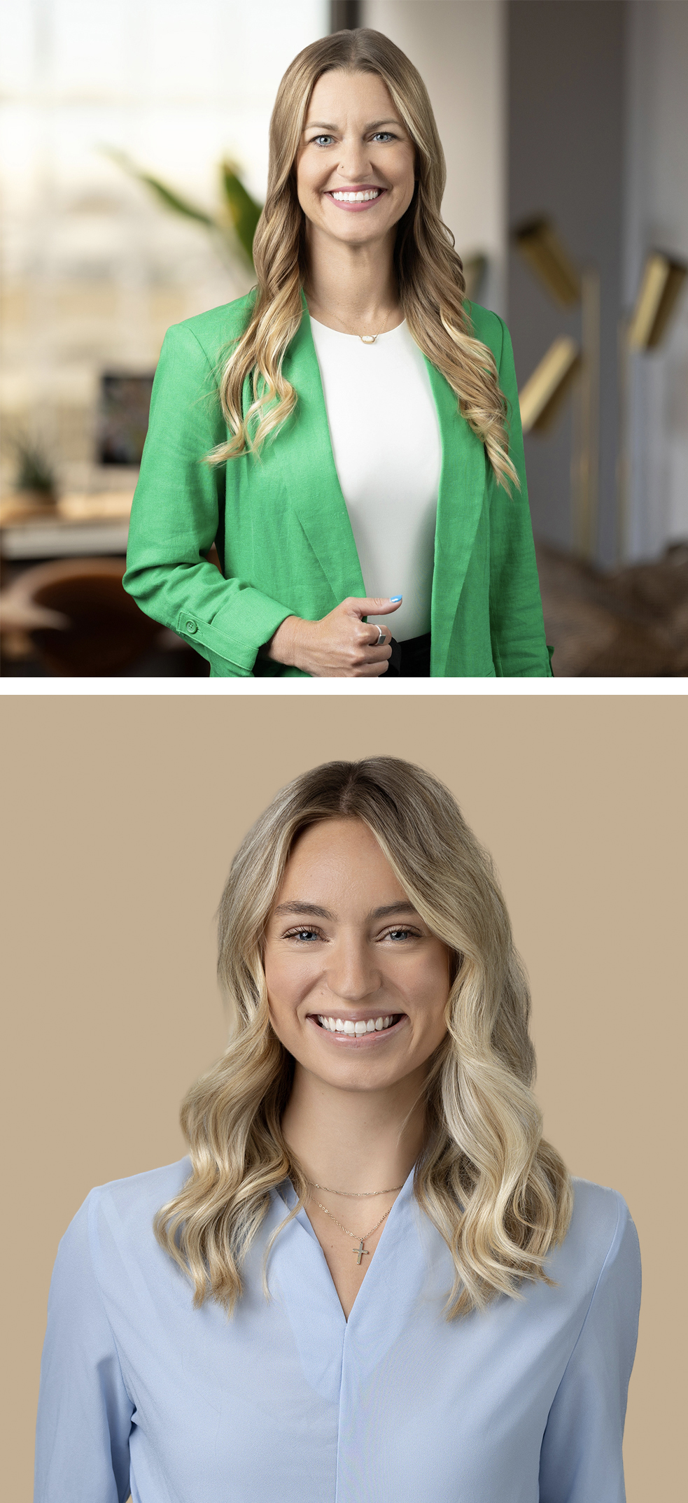 Two women with long blonde hair are pictured in headshot style; one wears a green blazer and white top in an office, the other poses in a light blue blouse against a beige background.