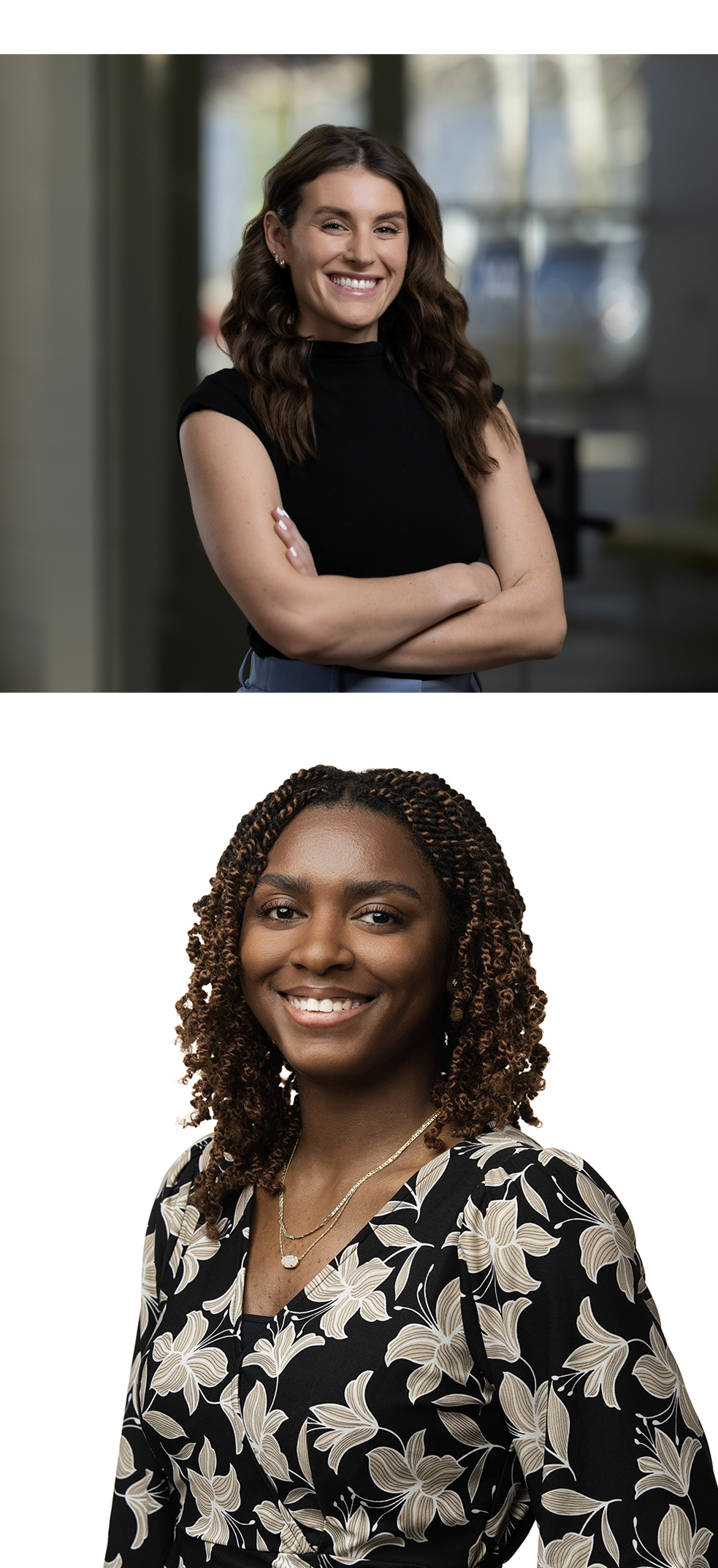 Two women are pictured in headshot-style photos: the first stands with arms crossed in a sleeveless black top, while the second smiles in a patterned blouse against a white background.