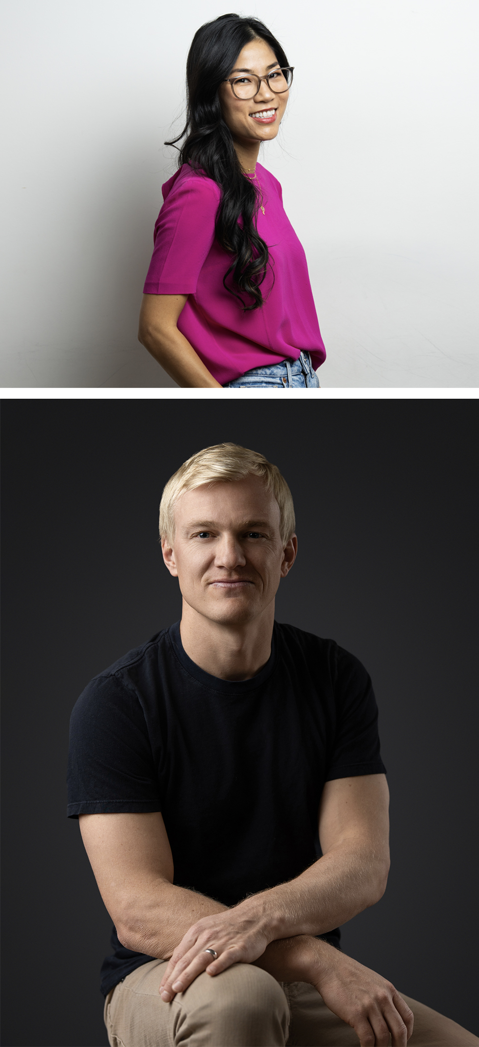 A headshot of a woman with long black hair and glasses in a pink shirt stands against a light background; a man with short blond hair in a black shirt sits against a dark background.